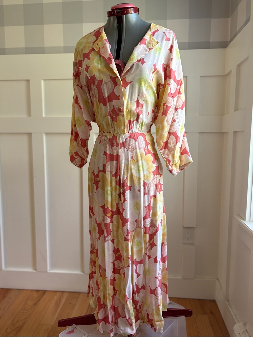 70’s Vintage Nina Piccalino Pink and Yellow Floral Button-Front Maxi Dress Large - Picture 2 of 9